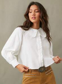 WESTFADE Puff Sleeve Ruffle Peter Pan Collar Long Sleeve Shirt