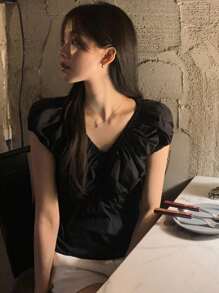 DAZY Women's Solid V-Neck Waisted Sleeveless Ruffle Blouse, Spring/Summer - Black - View 3