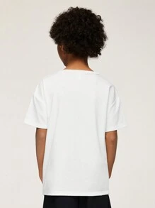 SHEIN Tween Boys Lös Street Style Solros Print Rundhals Kortärmad Shorts Set - Svart och Vitt - Visa 2