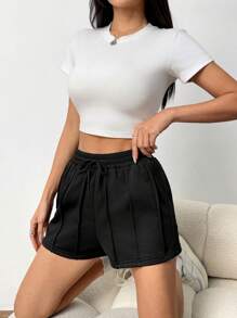 Teen Girl Shorts, Black Knitted Hoodie Shorts With Elastic Waistband And Decorative Stitching, Versatile And Practical