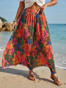 SHEIN VCAY Plus Size Boho Floral Print Skirt, Holiday Style, For Summer - Multicolor - View 4