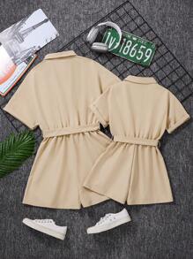 SHEIN 休闲简约柔软舒适前扣连体裤，家庭装，适合日常工作，亲子活动，团聚，旅行和郊游，春夏 - 卡其色 - 查看 2