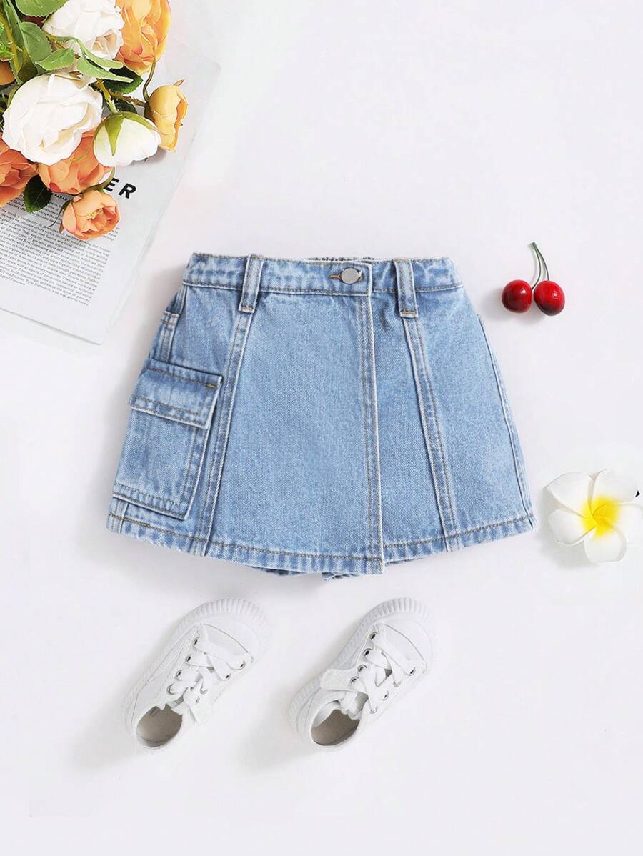 SHEIN Young Girl Multiple Pockets Washed Casual Denim Skort - Light Wash - View 1
