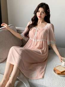 DAZY Sweet Lace & Mesh Panel Scoop Neck Waist Defined Nightgown Pajama - Pink - View 3