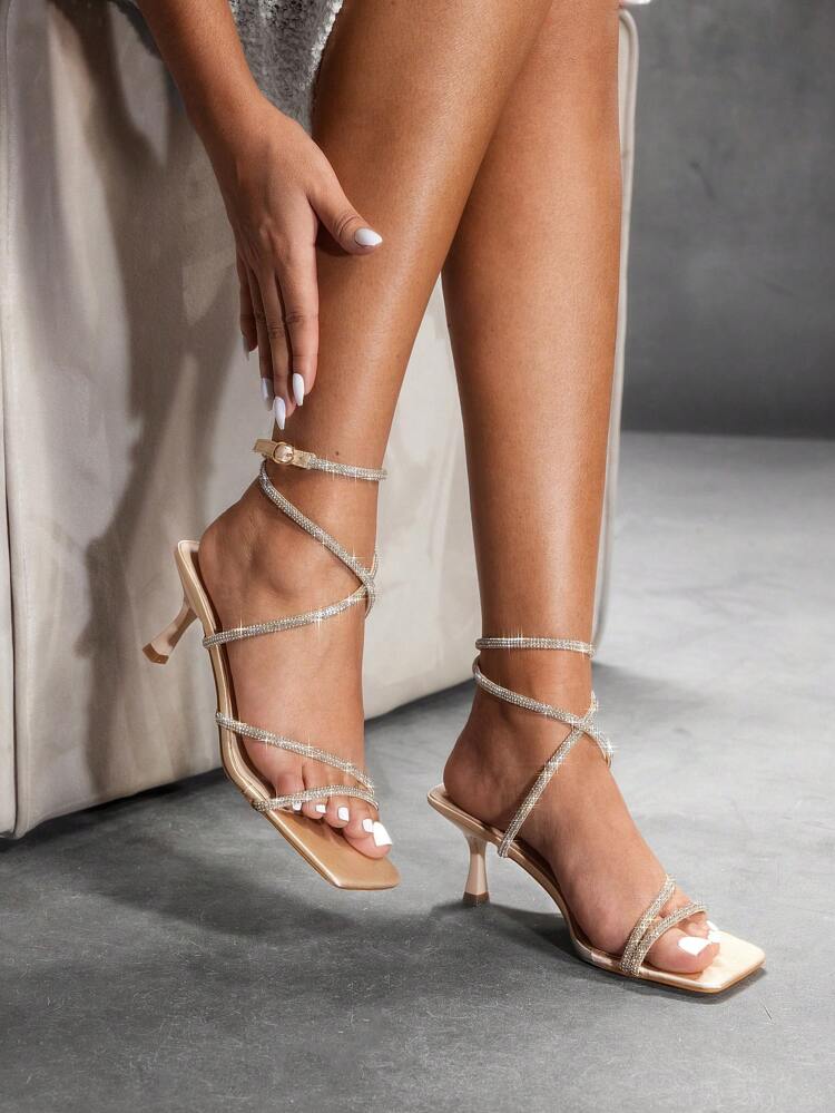 CUCCOO SZL Champagne Satin Rhinestones Strappy Square Toe Stiletto High Heel Sandals, Fashionable For Commuting, Dates, Parties, Holidays Spring Shoes Spring Break Easter Prom Heels For Christmas Spring Shoes Prom Heels