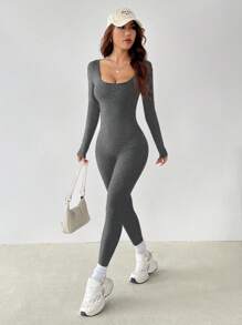 SHEIN PETITE Solid Scoop Neck Unitard Spring Women Jumpsuit - Dark Grey - View 5