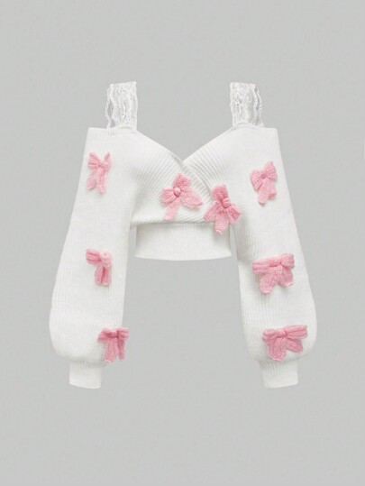 Kawaii Pull ample et sexy avec encolure en V en dentelle, décorations de nœuds 3D