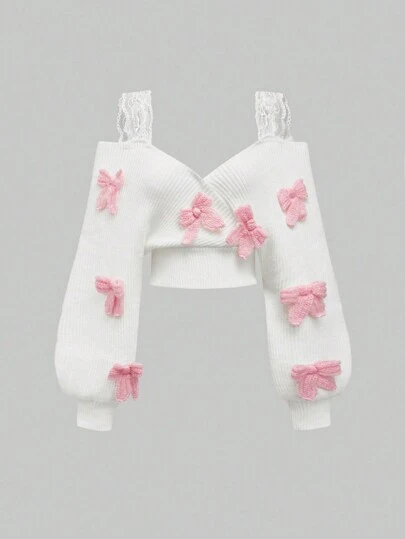 ROMWE Kawaii Himekaji V 领蕾丝吊带宽松性感毛衣，带 3D 蝴蝶结装饰