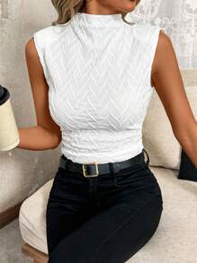 SHEIN Clasi Tricou de damă, de culoare solidă, fără mâneci, cu guler în picioare - Bej - Vizualizare 6