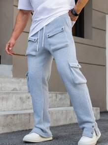 Manfinity Homme Men's Solid Color Front Tie Pocket Casual Sweatpants, Daily Wear - Light Grey - View 7