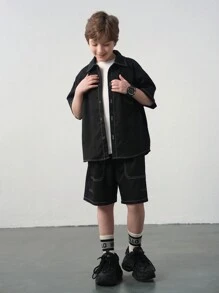 SHEIN Tween Boy Casual Korean Style Oversized Short Sleeve Shacket And Shorts 2pcs Set, Suitable For Commuting, School, Daily, Sports, Spring & Summer
