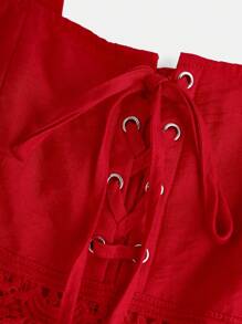 Girlism 少女红色、度假、派对、节日、优雅中长连衣裙、拼接蕾丝荷叶边下摆吊带连衣裙，适合情人节 - 紅色 - 查看 3