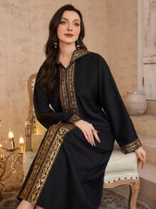 Al Najma Velvet Embroidered Long Robe, Hui Nationality Extended Embroidered Turkish Long Caftan, Modest Kaftan