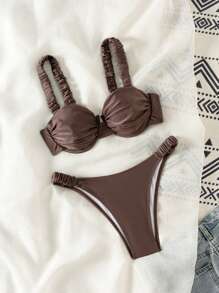 Swim Mod Women's Solid Color Sexy Ruched Tie Up Bikini Set, Summer Beach - Coffee Brown - View 4