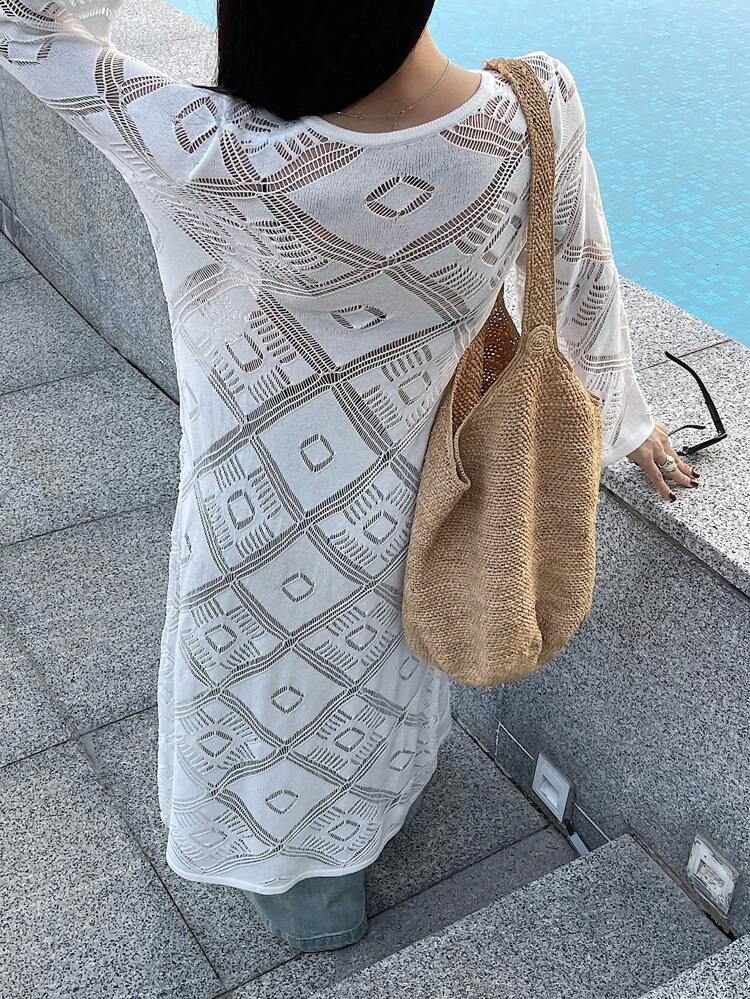 Solid Color Loose Openwork Long Sleeve Casual Vacation Thin Cardigan For Women, Summer,Fall Clothes