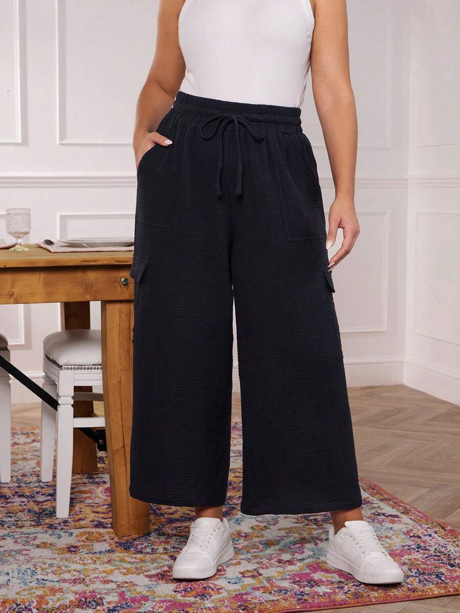 SHEIN LUNE Plus Size Women Linen Solid Color Wide Leg Cargo Pants Summer For Women Spring For Women Black Pants Boho Old Money Cotton - Black - View 1