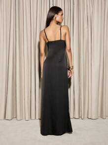 AiiRZ 优雅缎面吊带长款晚礼服，V领设计，及地长裙，适合派对、婚礼、正式场合。 - 黑色 - 查看 2