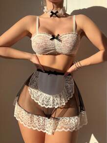 Fantasy Costume 4pcs Women's Lace Sexy Lingerie Set (No Wire Bra/Thong/Mini Skirt/Chocker)