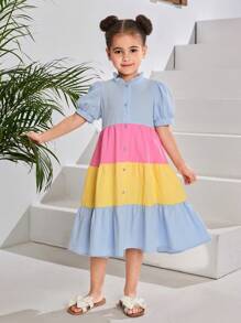 SHEIN Woven Plaid Puff Sleeve Contrast Color Loose Casual Dress For Young Girl - Multicolor - View 4