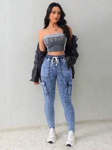 SHEIN Tall 女士牛仔裤 紧身弹力工装口袋牛仔裤 黑色牛仔裤 牛仔裤 冬季牛仔裤 牛仔连身裤 牛仔连身裤 女士慢跑裤 紧身裤 女士牛仔裤 黑色牛仔裤 运动服 - 中等水洗藍 - 查看 5