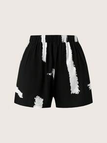 SHEIN LUNE 大码女式春夏水墨印花休闲套装 - 薄夹克和高腰阔腿短裤，办公室服装 - 黑與白 - 查看 5