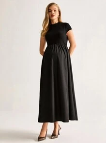 MaterniWear Maternity Casual Solid Color Short Sleeve Long Dress