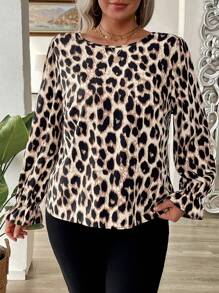 SHEIN Clasi Plus Size Fashionable Random Leopard Floral Print Round Neck Backbow Long Sleeve Shirt, Spring/Autumn Fall Cloth For Women - Multicolor - View 5