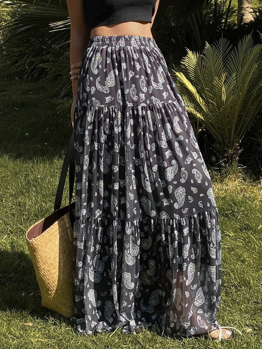 DAZY Jupes mi-longues à taille élastique imprimé floral, jupe décontractée pour femmes en vacances au printemps/été, vêtements d'automne