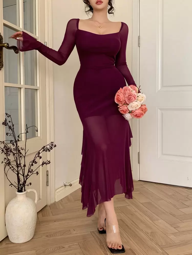 Purple Mermaid Tail Mesh See-Through Flare Sleeve Valentine's Day Dress For Women Elegant, Ruffle, Fall Dress Long Sleeve Dress