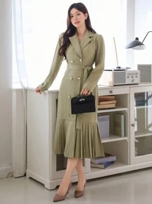 DAZY 1 pièce Robe à manches longues à col cranté double boutonnage de couleur unie pour femme, style urbain, volant