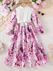 SHEIN Tween Girls 优雅梅花碎花雪纺长袖收腰连衣裙，百搭日常穿着（兄弟姐妹装搭配服装，2 件单独出售） - 粉色 - 查看 3