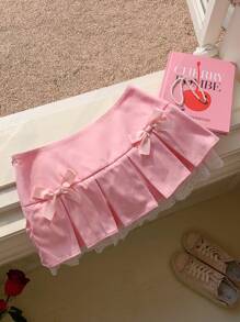 Comfortcana 女士撞色蕾丝蝴蝶结装饰百褶 A 字裙