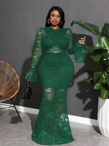 Slaydiva Women Solid Color Lace Elegant See-Through Dress - Green - View 8