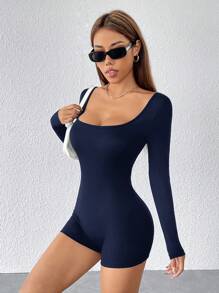 SHEIN PETITE Women'S Square Neck Long Sleeves Unitard Romper - Navy Blue - View 4