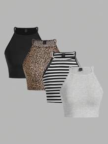 Comfortcana 4pcs Women Leopard Print & Striped Pattern Stretchy Casual Camisole Top, Suitable For Spring/Summer Back To School - Multicolor - View 3
