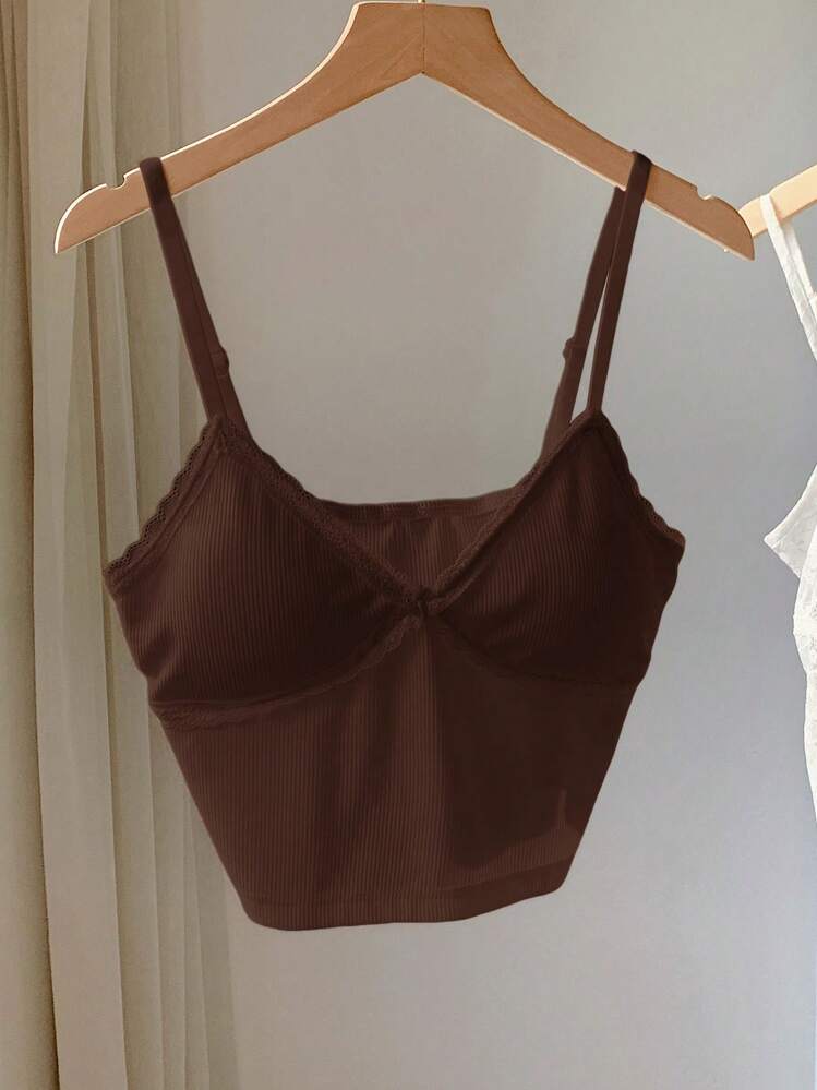 Comfortcana Áo ba lỗ dây mảnh dáng ôm màu trơn dành cho nữ, mặc thường ngày - Cà phê nâu - Xem 5