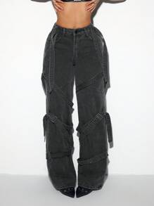 Jeanoix Retro Asymmetric Ribbon Embellished Boyfriend Style Women Jeans, Dystopian Aesthetic