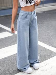 SHEIN Teen Girls Y2K Fashion Retro Grey Washed Low-Waisted Slanted Pocket Casual Wide Leg Baggy Jeans Loose Pants, Girls Streetwear Clothes Outfits - Light Wash - View 5