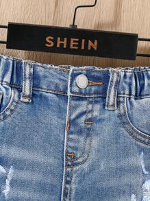 SHEIN Pantalones cortos vaqueros ajustados de bebé niño con botones delanteros, bolsillos y efecto desgastado/rasgado, ropa de verano informal para bebé, conjunto de primavera/verano para uso diario - Lavado ligero - Ver 6