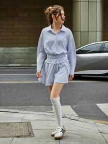 Jouncy 女士情人节休闲蓝色条纹翻领长袖衬衫和迷你裙两件套，春夏 - 彩色 - 查看 1
