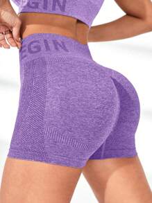 Women High Waist Simple Letter Pattern Detail Casual Sports Shorts Biker Shorts