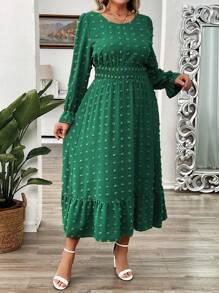 EMERY ROSE Women's Long Textured Dress With Oversized Pom Poms, Elegant Holiday Wear, Spring/Summer - Green - View 4
