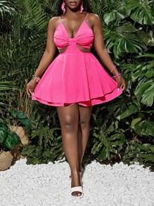 Slaydiva ملابس نسائية كاجوال للربيع والصيف رافع الصدر والخصر المجعد والطبقات المتعددة من الذيل على شكل حرف A، بقماش منسوج بنسيج مخطط أحمر وردي - لون برتقالي - مشاهدة 6