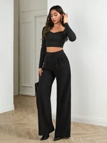 SHEIN Tall Women's Solid Wide Leg Palazzo Pants - Black - View 3