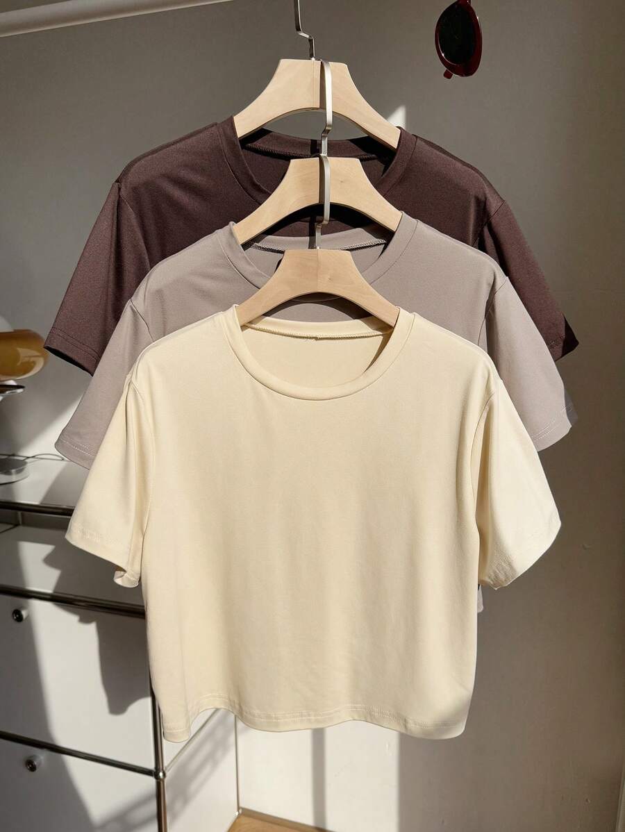 Comfortcana 3pcs/Pack Plus Size Basic Crew Neck Short Sleeve Colorful T-Shirts Top For Spring - Multicolor - View 1