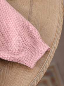 Young Girls Autumn/Winter Handmade Floral Embroidered Lantern Sleeve Chunky Knit Sweater, Round Neck Long Sleeve Pullover - Dusty Pink - View 6