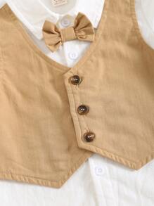 Cozy Pixies 2pcs Baby Boy Outfit Set: Collar Bow Decor Contrast Color 2 In 1 Collared Shirt And Elastic Waist Shorts Set - Khaki - View 3
