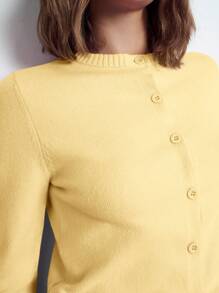 Maija 女士优雅纯黄色圆领前扣长袖简约时尚百搭毛衣上衣，适合圣诞节、休闲、商务、日常穿着，秋冬季奶油黄色上衣 - 黃色 - 查看 8