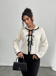 SHEIN Privé Women's New Apricot Crash Black Trim, Front Tie Lapel Long Sleeve Sweater Cardigan, Loop Yarn Sweater Cardigan, Apricot Sweater Cardigan