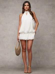 SHEIN BAE Women's All White Summer Casual Night Out Chiffon Halter Neck Backless Mini Dress,Gathered Balloon Bud Skirt,Party Cocktail Birthday Club Outfits - White - View 3